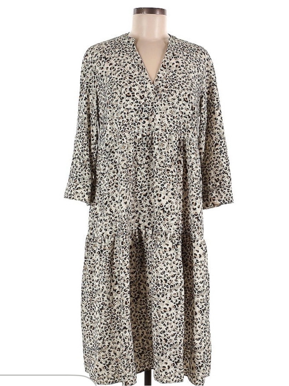 Leopard Print V-Neck  Dress - Cream/Black